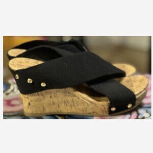 Jaclyn Smith Platform Sandals Women's Size 8.5 Black Elastic Straps 4" Cork Heel